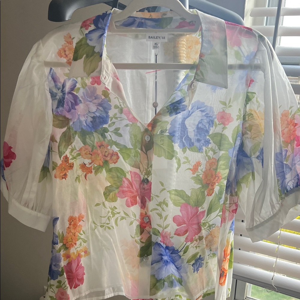 Bailey 44 White Sheer Floral Button-Up Blouse
